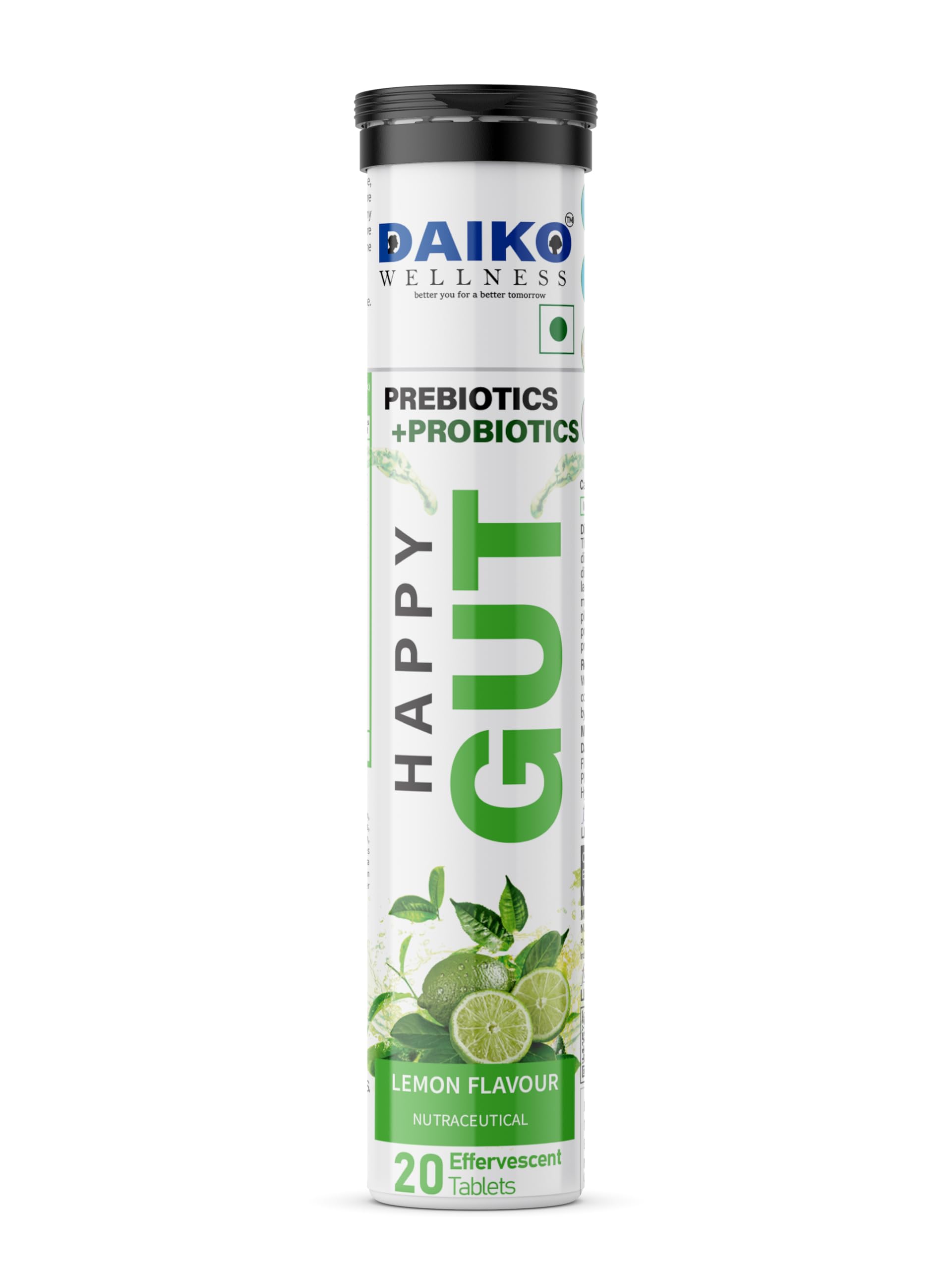 Daiko Prebiotic & Probiotic Effervescent Tablets for Gut Health | Supports Digestive Wellness and Comfort | Helps Reduce Gas, Acidity, Bloating , Indigestion & Constipation| Lemon Flavour | 20 Effervescent Tablets