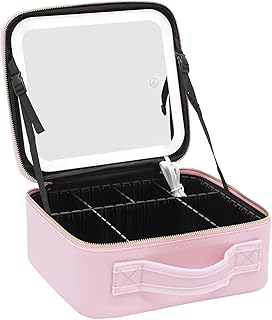 Estuche de maquillaje grande para mujer de PU con 4K espejo y LED, 3 colores LED, luz ajustable, 26 x 23 x 11 cm, color rosa, rosa, 26 * 23 * 11cm, Modern