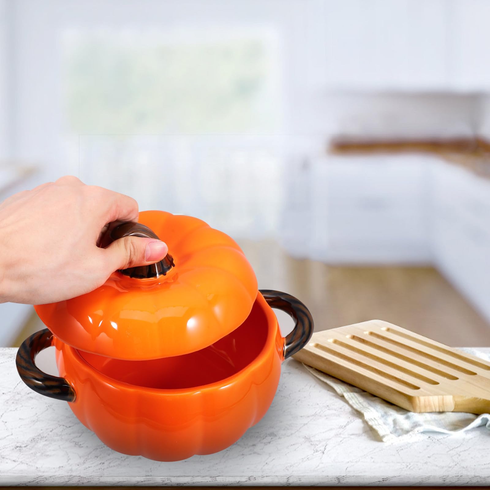 Tazón de Cerámica Marrón para Sopa con Tapa y Asas Dobles, Capacidad 1500ml, Resistente a Microondas, Adecuado para Restaurante y Hogar