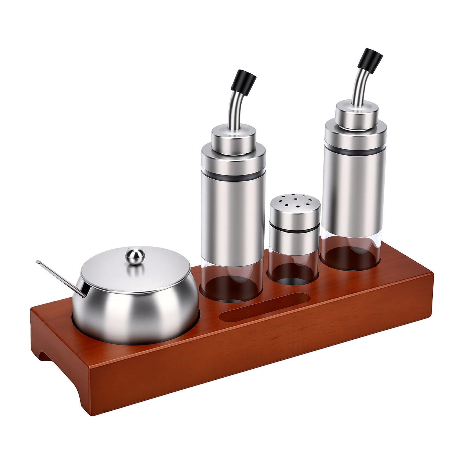 SUNGOOYUE Juego de Tarros de Condimentos de Acero Inoxidable y Roble con 3 Botellas de Condimentos, Botellas Exprimibles de con 3 de, Soporte Hermético para Encimera de Cocina, Almacenamiento para