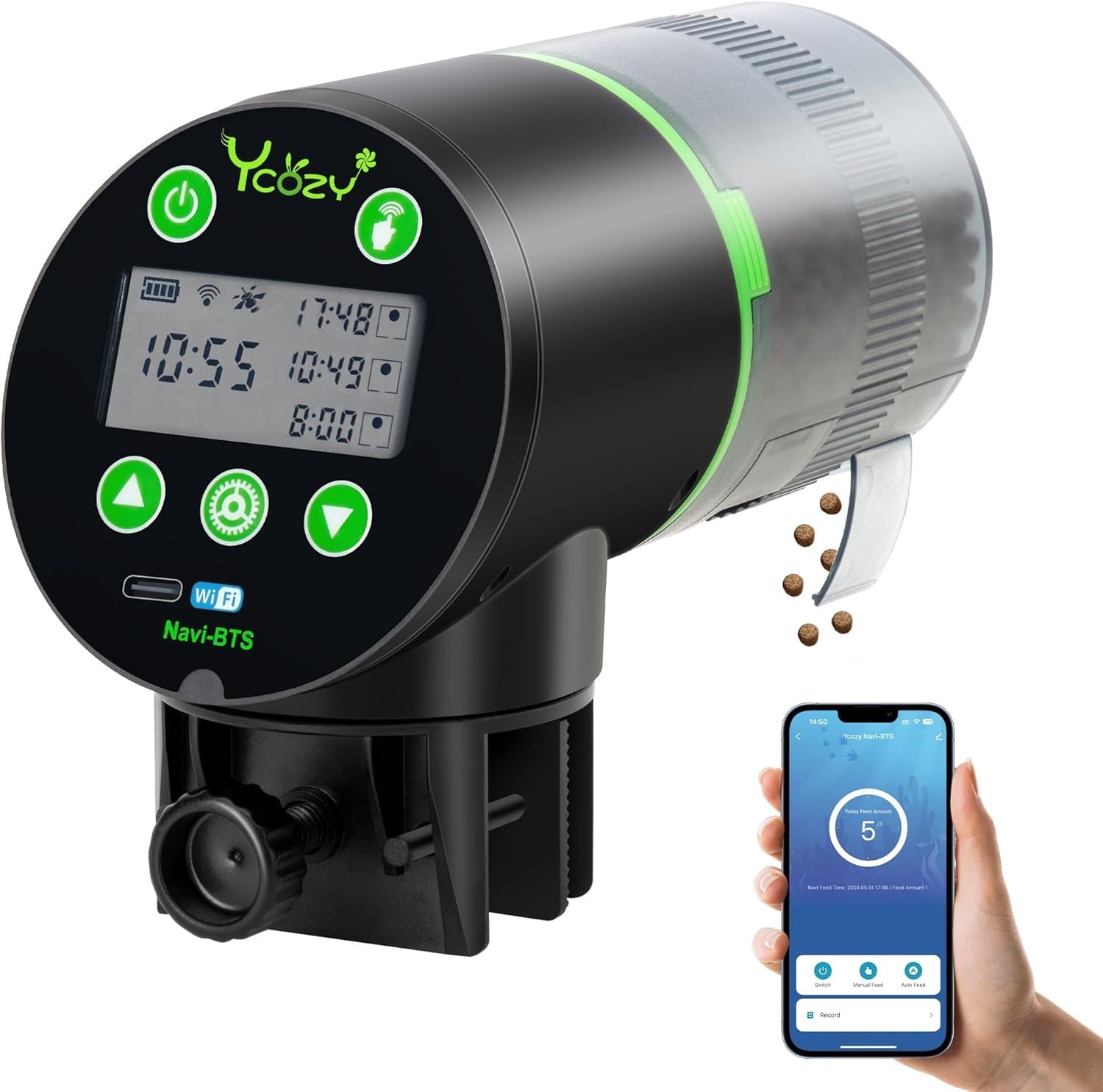 Ycozy WiFi Mangiatoia Automatica Acquario con Telecomando App, Alimentato a Spina Distributore Automatico Cibo Pesci con spina UE e cavo USB-C Distributore Cibo Pesci Display LCD | Navi-BTS