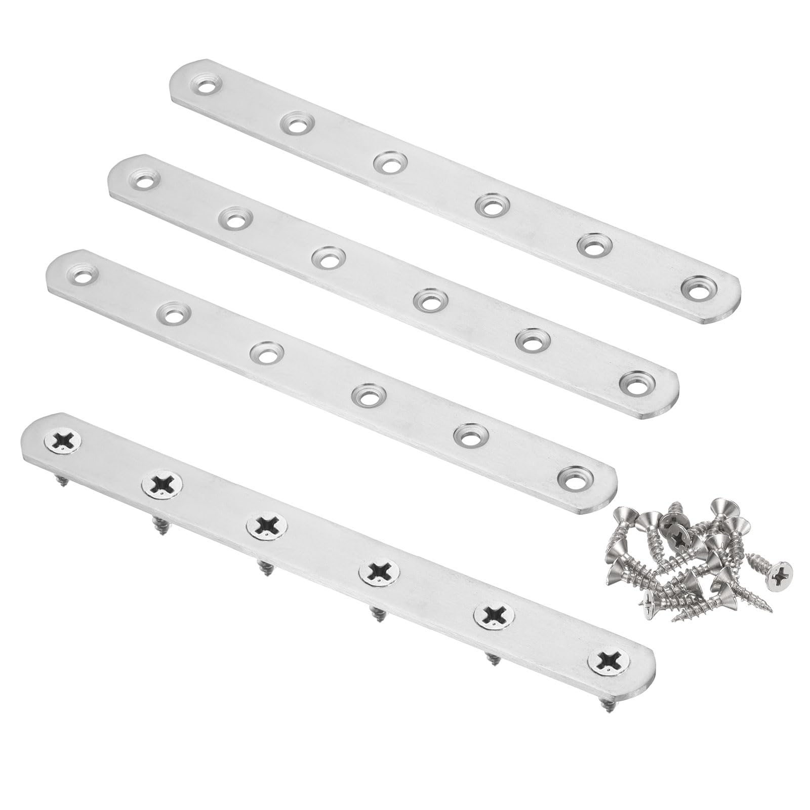 sourcing map 4pcs Straight Bracket 7.7" x 0.8" Stainless Steel Flat Fixing Brackets Mending Plate Corner Brace Connector with 24 Screws for Wood Board Bed Frame Furniture Shelves, Silver