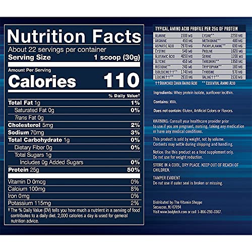 BodyTech Whey Protein Isolate Powder - with 25 Grams of Protein per Serving & BCAA's - Ideal for Post-Workout Muscle Building & Growth, Contains Milk & Soy - Unflavored (1.5 Pound)