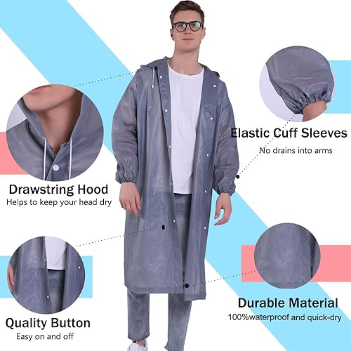 Miniatura 2 de YDYJKI 2 Ponchos de lluvia reutilizables para adultos y hombres, abrigos de lluvia ligeros transparentes para mujeres con capucha y cordón