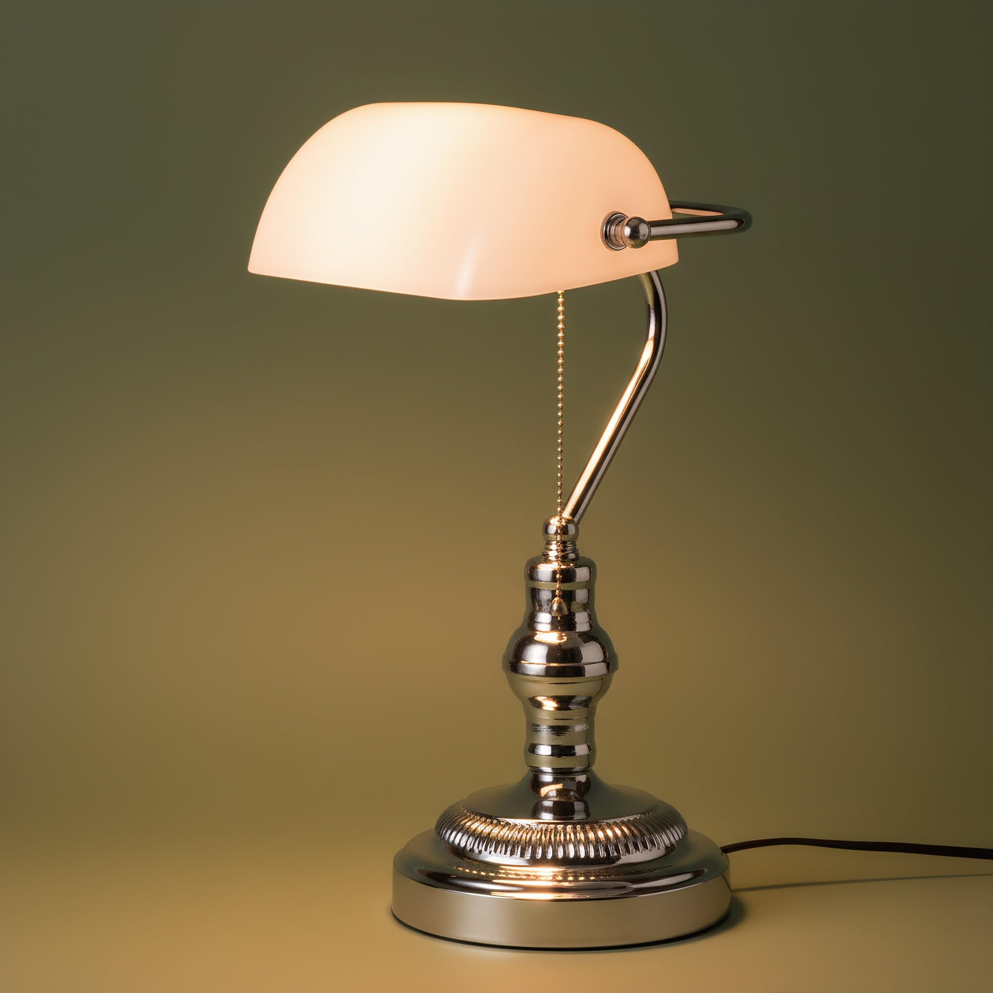 BARCELONA LED - Lampada da tavolo vintage "BANKER" con paralume bianco - Base cromata - Lampada da scrivania classica per ufficio e studio - Attacco E27