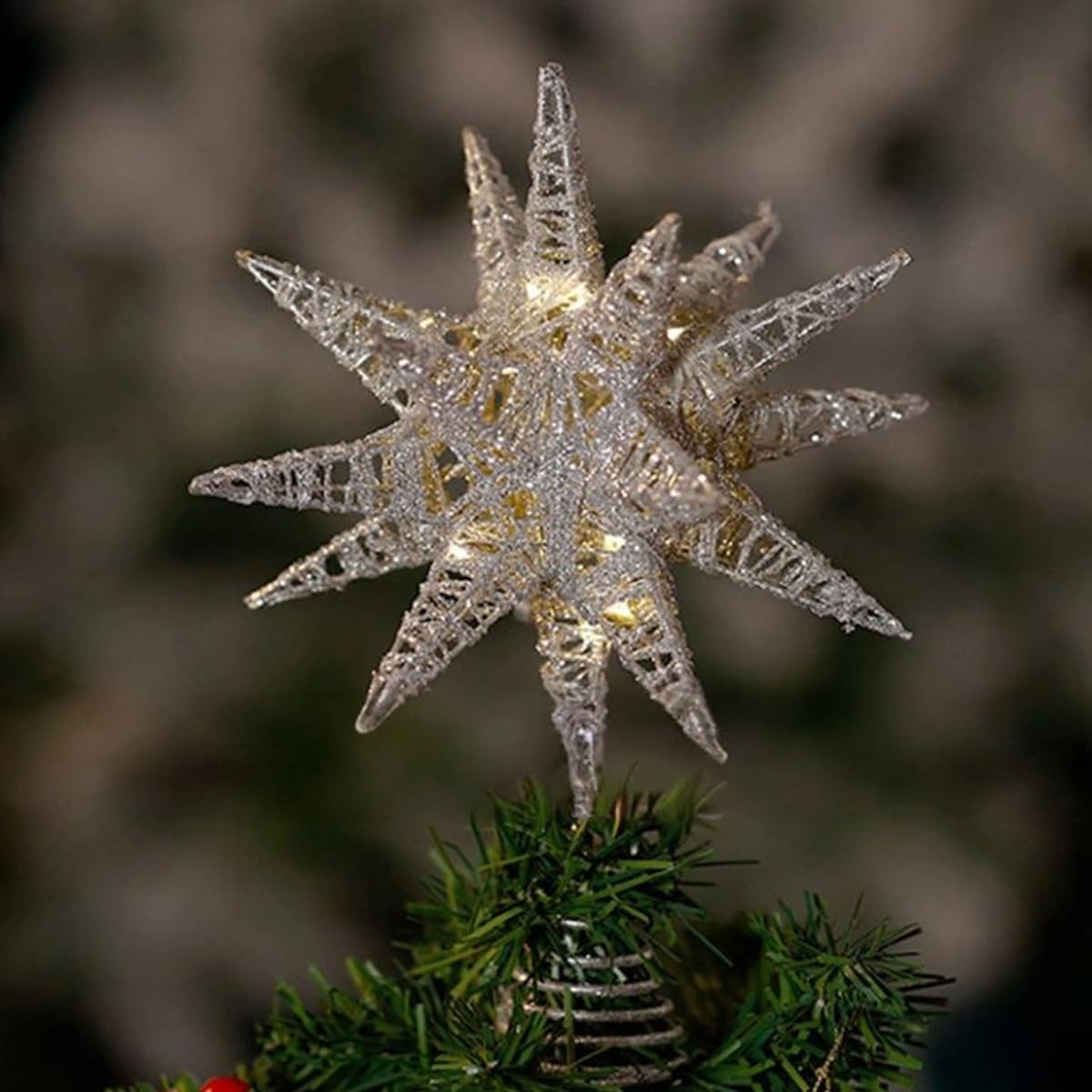 Décoration de Sommet d'arbre, Étoile de Sapin de Noël Cimier d'arbre Pré-Éclairé en Rotin Naturel avec Étoile pour La Décoration de La Maison de Vacances de Noël, du Nouvel an,B