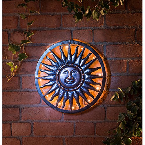 BRAVICH Weatherproof Metal Solar Sun Hand Painted Wall Art Garden Ornaments Decoration Wall Sculpture (Sun) 12 LED Solar Sun Decoration