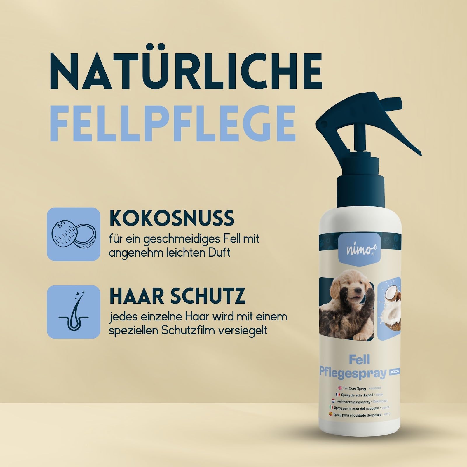 nimo Fell Pflegespray Kokos | für Hunde, Katzen & Haustiere | Pflegespray für glänzendes & gepflegtes Fell | leichtere Kämmbarkeit, Fellpflege, Entwirrung
