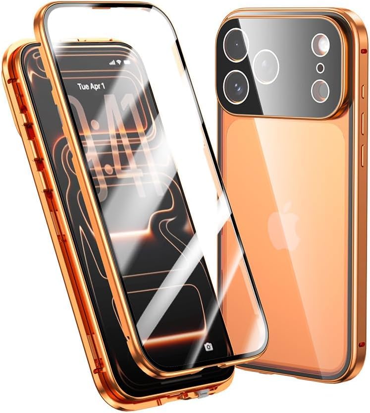 Case for iPhone 17 Pro Max Magnetic Adsorption Metal Cover, Front and Back Tempered Glass Full Screen Cover 360 Degree Protection Shockproof Cover-Orange