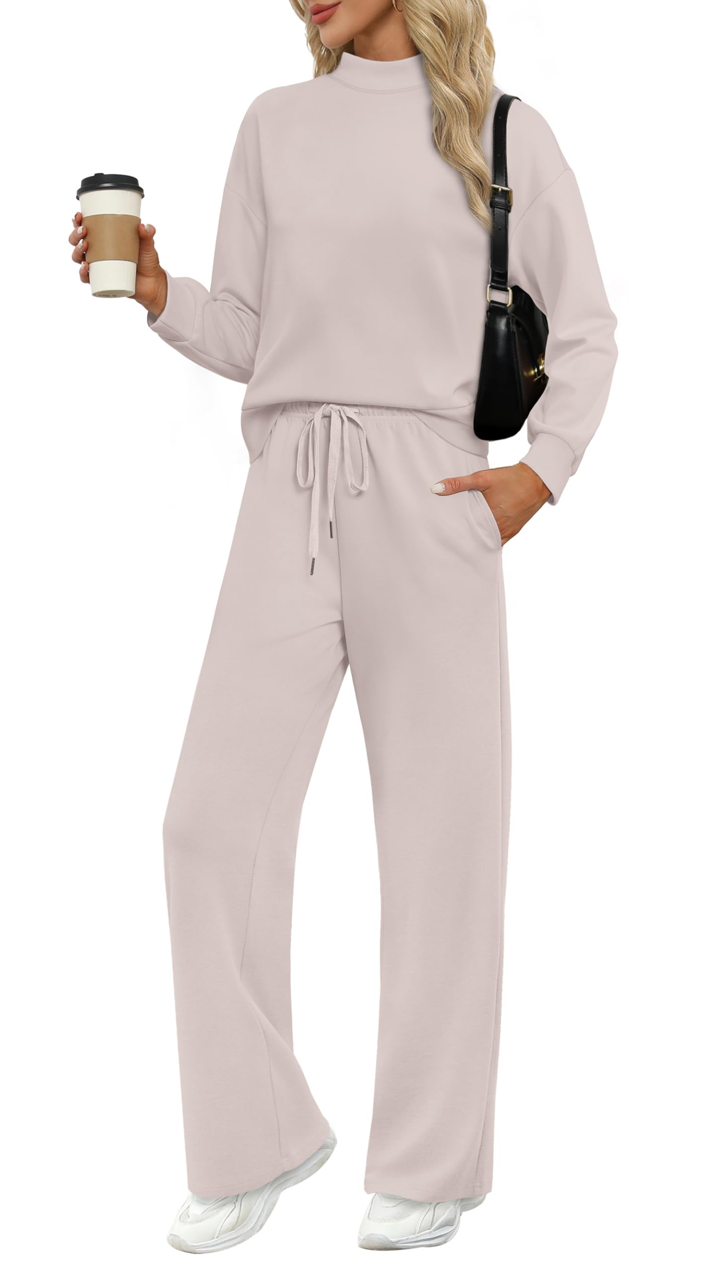 WIHOLL Two Piece Sets for Women Spring Outfits Lounge Sets Mock Neck Tops Wide Leg Pants Vacation Travel Airport Outfits