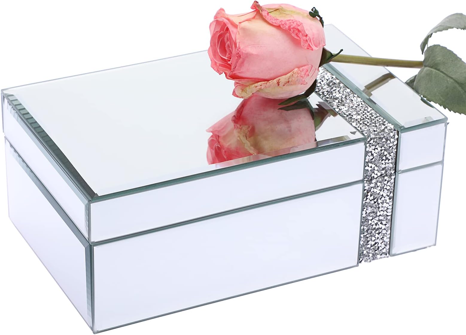 JUXYESJUXYES Glass Mirrored Jewelry Box with Crushed Diamond Strip Decor, Countertop Trinket Box Organizer Treasure Chest Keepsake Box, Decorative Storage Box Personalized Jewelry Boxes for Women Girls