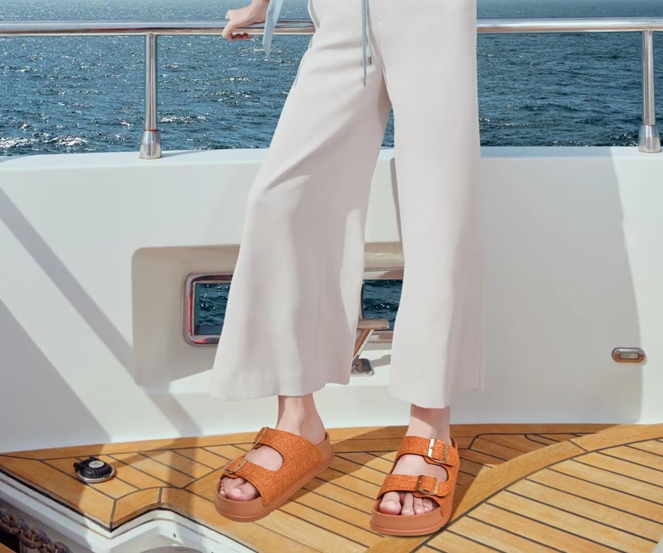 KuaiLu Womens Sandals with Arch Support Comfortable Orthopedic Cushion Recovery Slides Summer Fashion Leather Double Buckle Casual Slip On Plantar Fasciitis Shoes for Indoor&Outdoor (US Size 6-12) - Image 2