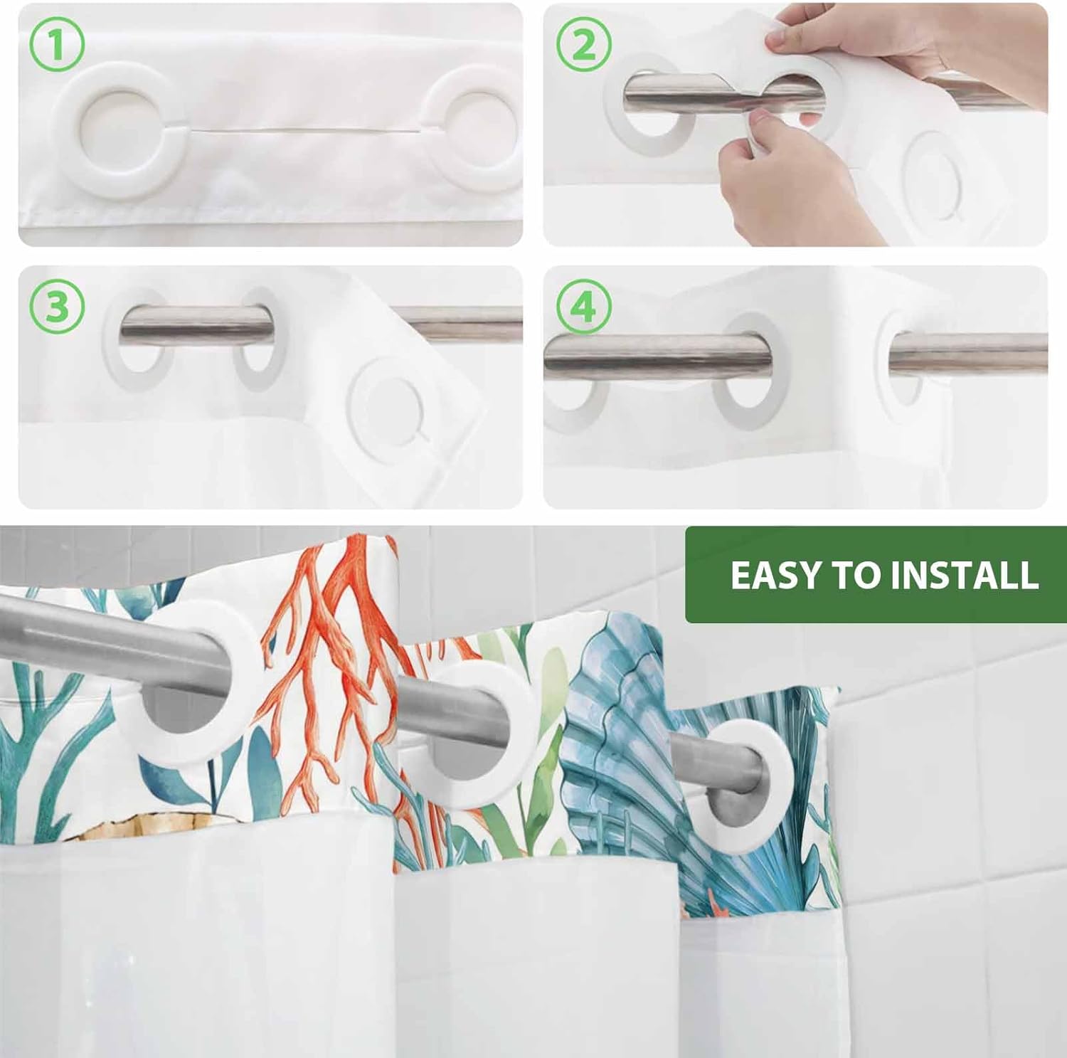 No Hook Shower Curtains with Snap in Liner, Coastal Waterproof Fabric Shower Curtain, Nautical Summer Beach Coral Starfish Shell Double Layers & See-Through Top Window Bathroom Curtains 60''x72''