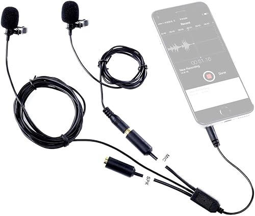 Movo Lavalier Profesional Lapel Clip-on Entrevista Podcast Micrófono con Micrófono Secundario y Entrada de Monitoreo de Auriculares para iPhone,