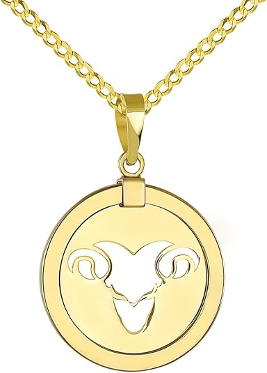14K Yellow Gold Reversible Round Ram Aries Zodiac Sign Pendant With Cable, Curb or Figaro Chain Necklace