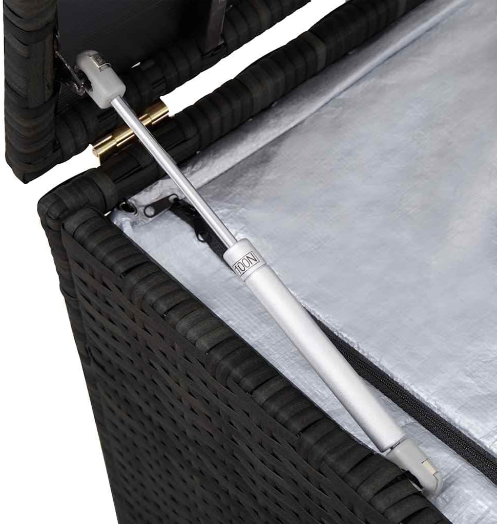 Garden Storage Box Black PE rattan with powder-coated steel frame, waterproof outdoor storage chest, patio storage box for cushions and pillows, deck box with seating for two