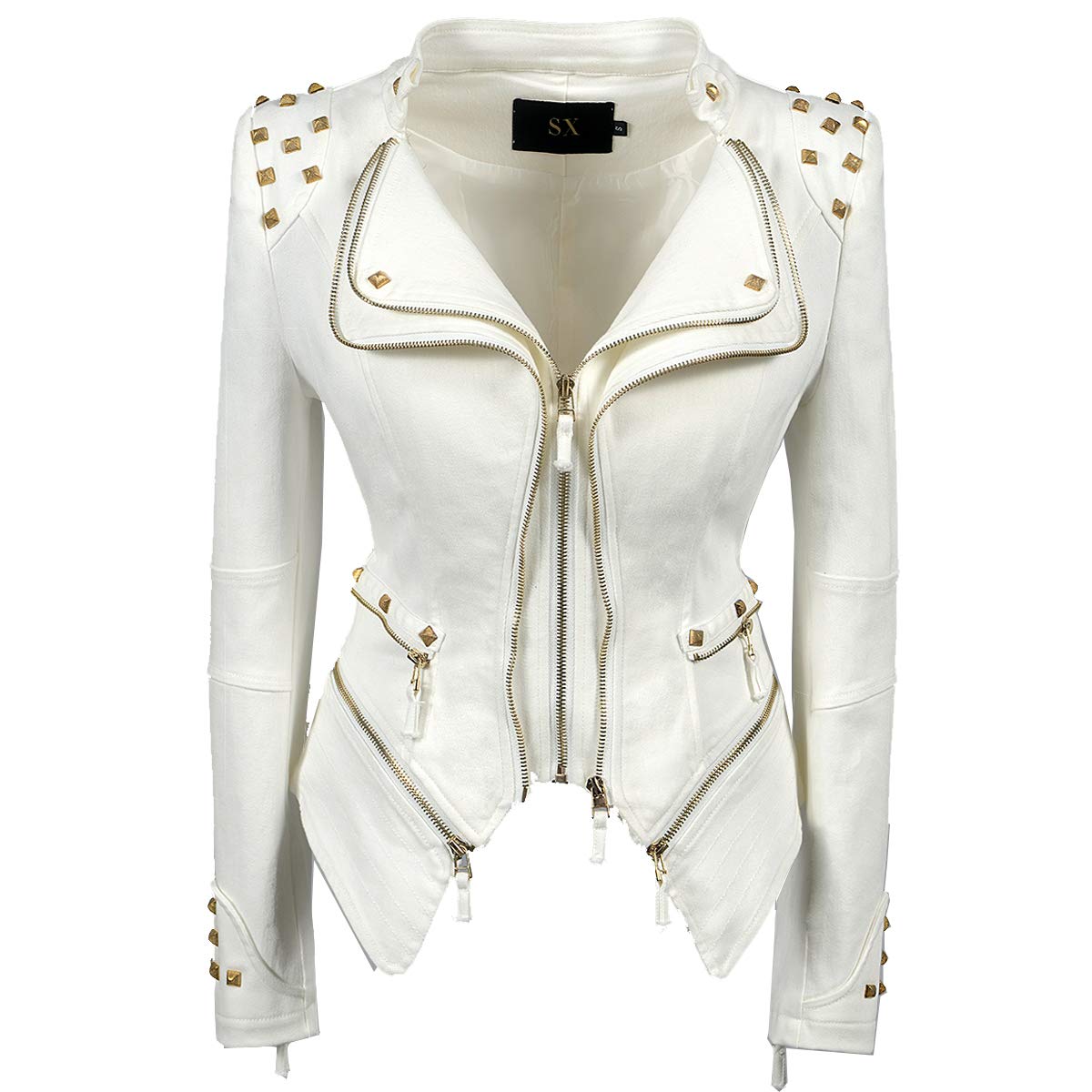Photo 1 of SX Denim Jacket for Women Zipper Rivet Short Tailcoat Denim Long Sleeve Jean Motorcycle Jacket (L, White)