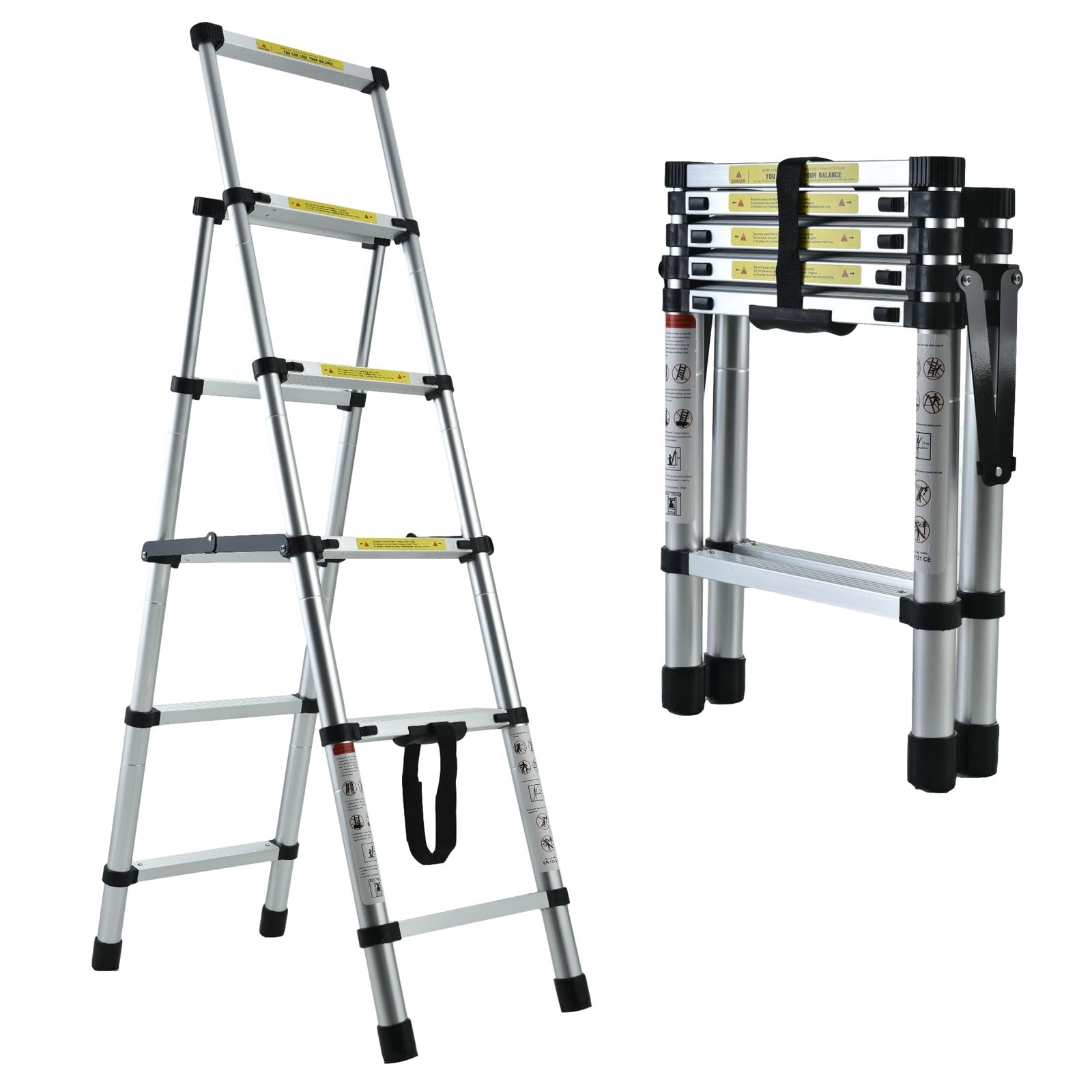 Telescopic Ladder, Folding Step Ladder, Retractable Aluminum Ladder Multi-Position, Adjustable A-Frame Stepladder with Handrails & Safety Lock, 330lbs Capacity(4+5 step, 5.58ft)