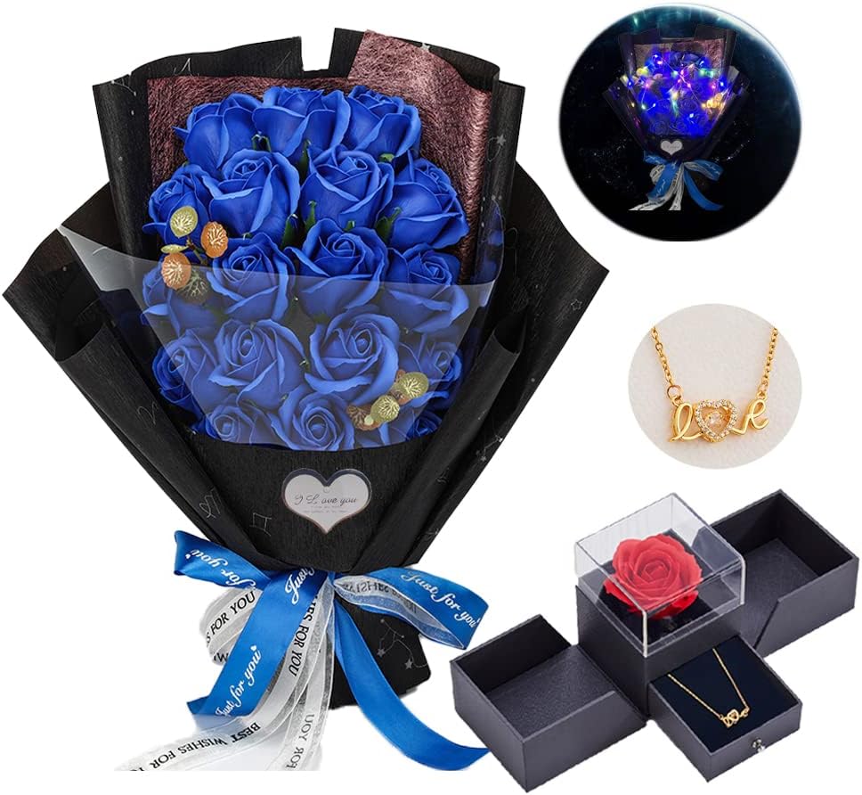 EIGHTOWN Roses Bouquet Artificial Flower - Preserved Blue Rose Flowers with Love Necklace for Her - Unique Gifts Valentine's Day, Mother's Day, Thanksgiving, Birthday, Anniversary - Image 8