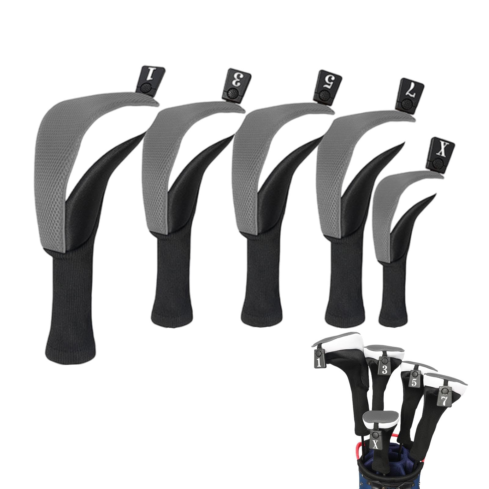 Set copritesta da golf, copritesta per mazze da golf in legno, Coprimazze protettive Collo lungo Antipolvere Copricapo ibrido da golf da 5 pezzi, Copricapo ibrido in legno con etichette numeriche Copr