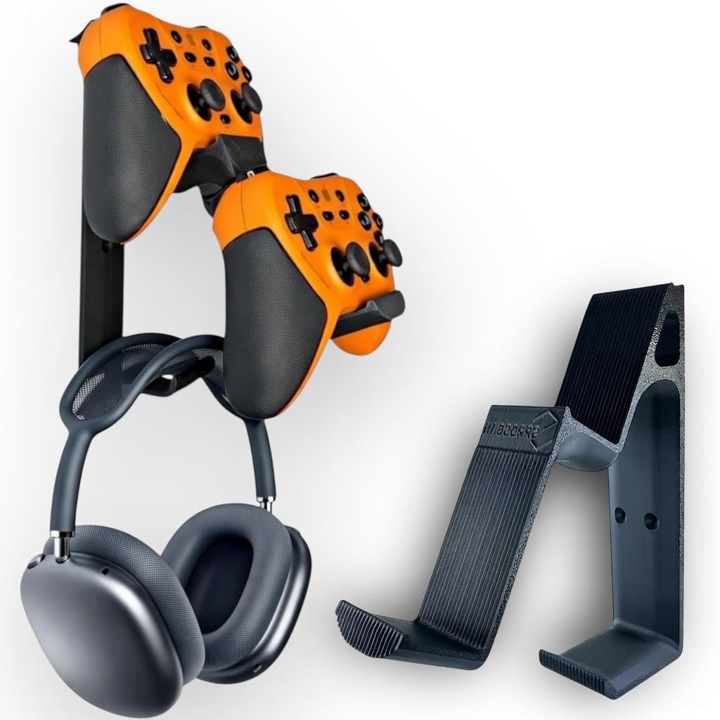 Retro Dual Gaming Controller & Headphone Stand Wall Mount with Cable Holder | Stick-On Adhesive No-Drill | ABS Organizer for Gaming Room & Desk | Includes Cleaning Wipes (Black, Pack of 1)