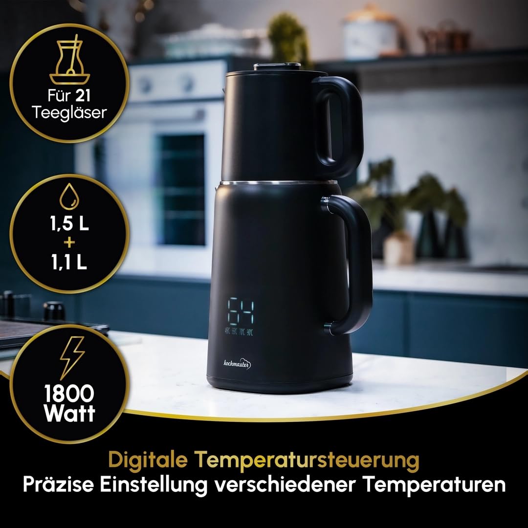 Dem Keyfi Pro Teemaschine, Digital, 1.5L + 1.1L, 1800W, Edelstahl, mit Temperaturregelung & Warmhaltefunktion