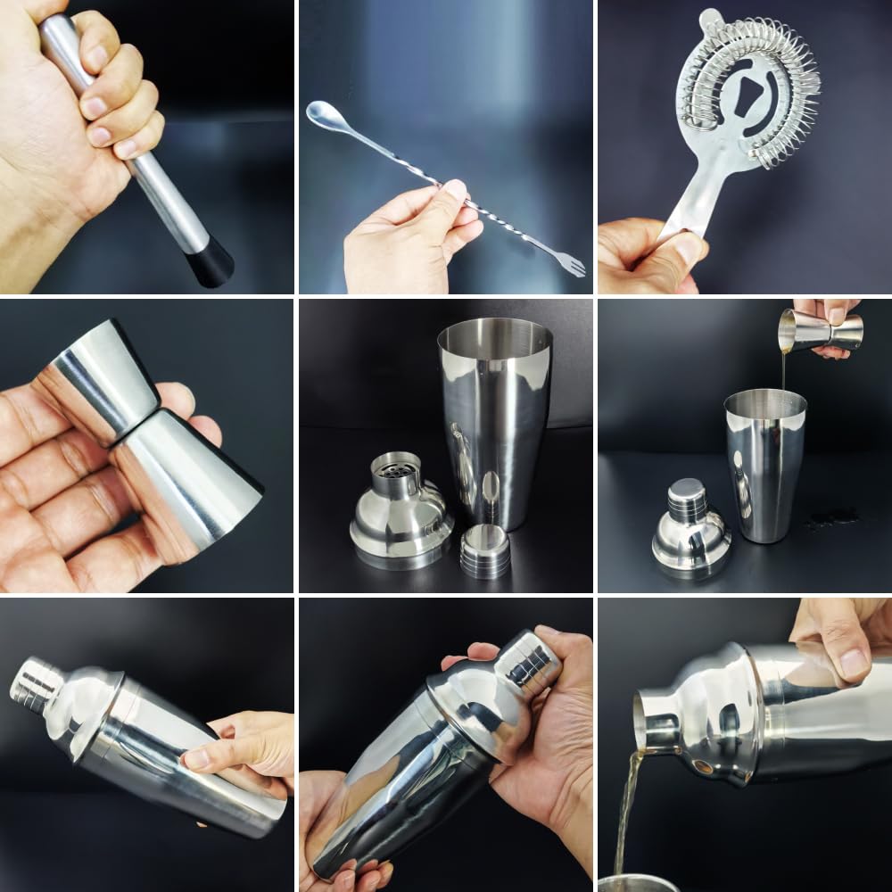 5-Piece Cocktail Shaker Set With Stand - 25oz Stainless Steel Bartender Kit Includes Strainer, Jigger, Spoon, Muddler