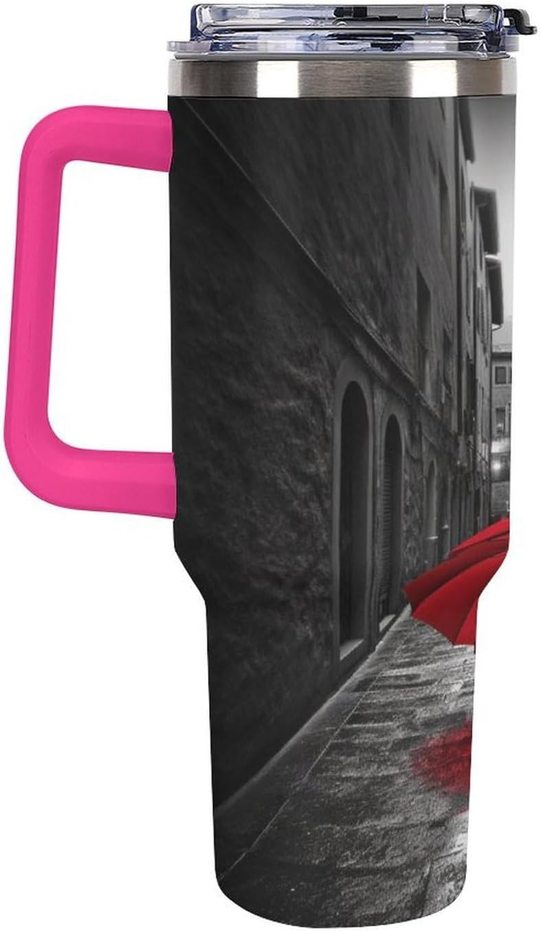 Red Umbrella on Dark Street Travel Coffee Mug Reusable Durable Stainless Steel Insulated Tumbler with Handle And Straw Leak Resistant Portable Thermal Cup Gifts for Men Women 40 Oz