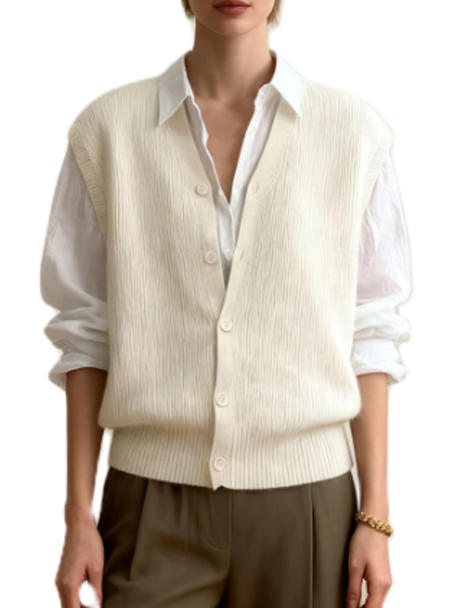 Damen ärmelloses V-Ausschnitt gestricktes Pullover-Weste Y2k Knopfleiste Gestrickte Tank-Tops Lässiges Basic-Cardigan-Pullover-Weste, XL