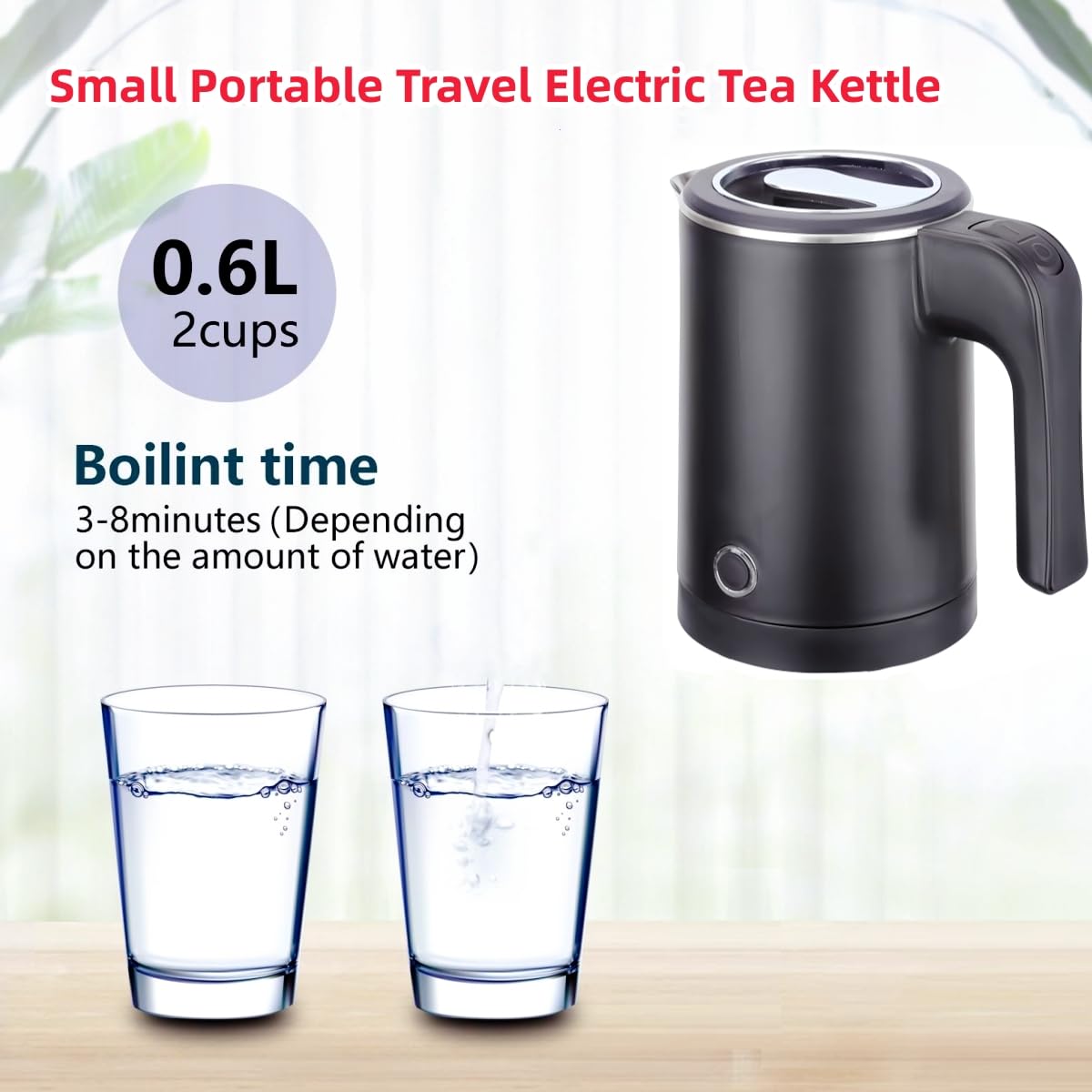 Small Electric Kettle Stainless Steel, 0.6L Portable Travel Electric Tea Kettle, Mini Hot Water Boiler Heater for Business Trip, Camping, Travel, Office (Black)