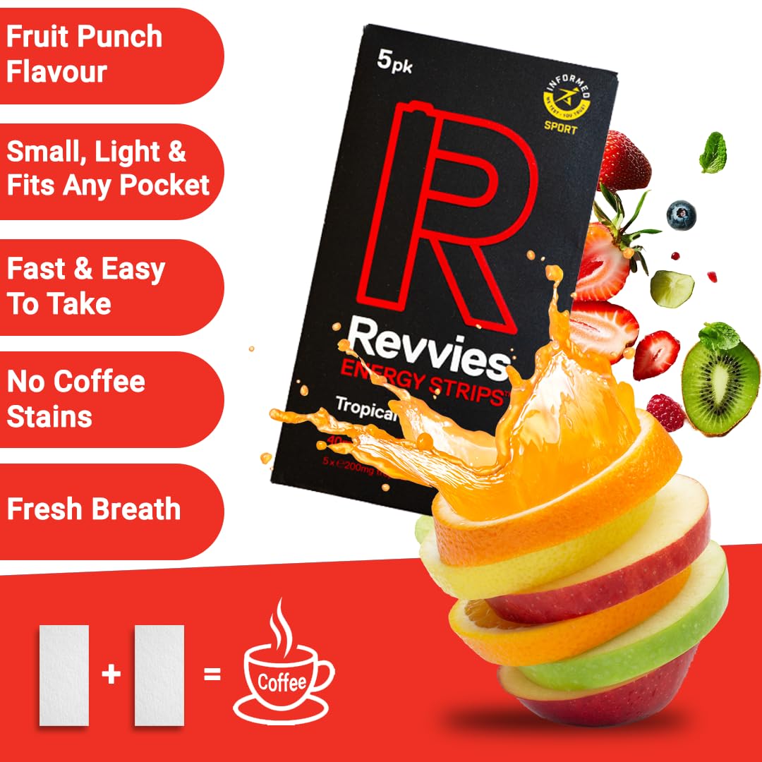 Revvies Energy Strips | Tropical Hit | 50 Strips | 40mg Caffeine Strip | 2 Strip = Coffee/Energy Drink | Less than 2 Calories | Vegan | 10 x 5PK — Amazon image 2