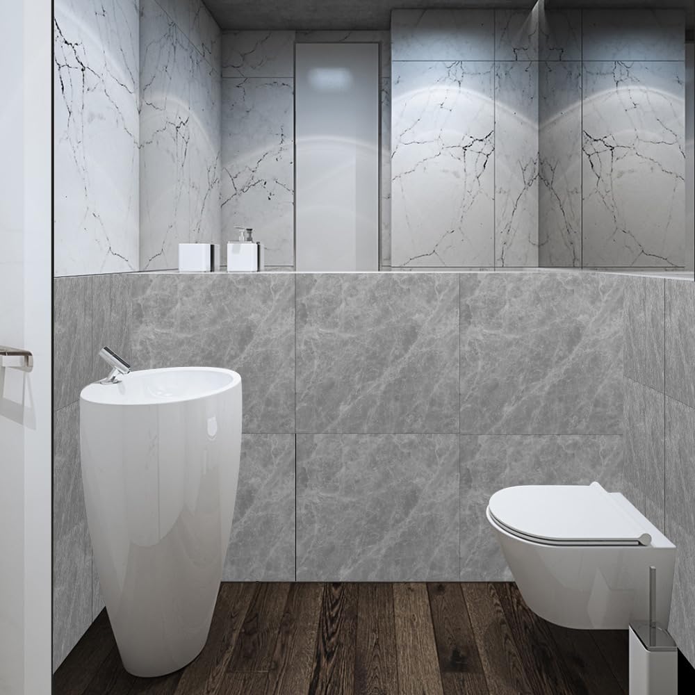 LMYSXAOZ Tile Stickers Stick on Tiles, Self Adhesive Wall Tiles for Kitchen Bathroom, Oil Proof Peel and DIY Floor Simple Marble 30x30cm (8PCS,Grey)