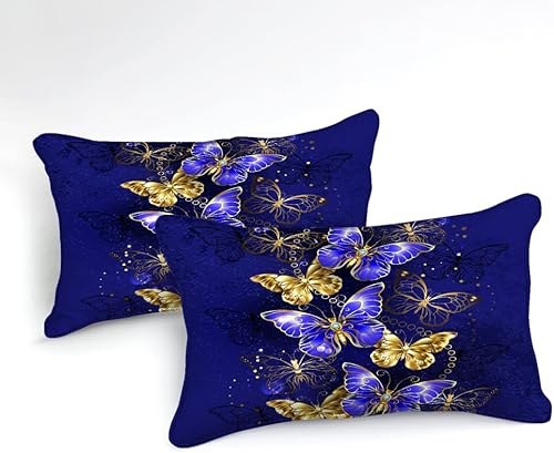 Miniatura 4 de Move Over Juego de edredón de mariposa azul, tamaño Queen, juego de ropa de cama de 4 piezas con patrón de mariposa azul dorado, juego de edredón