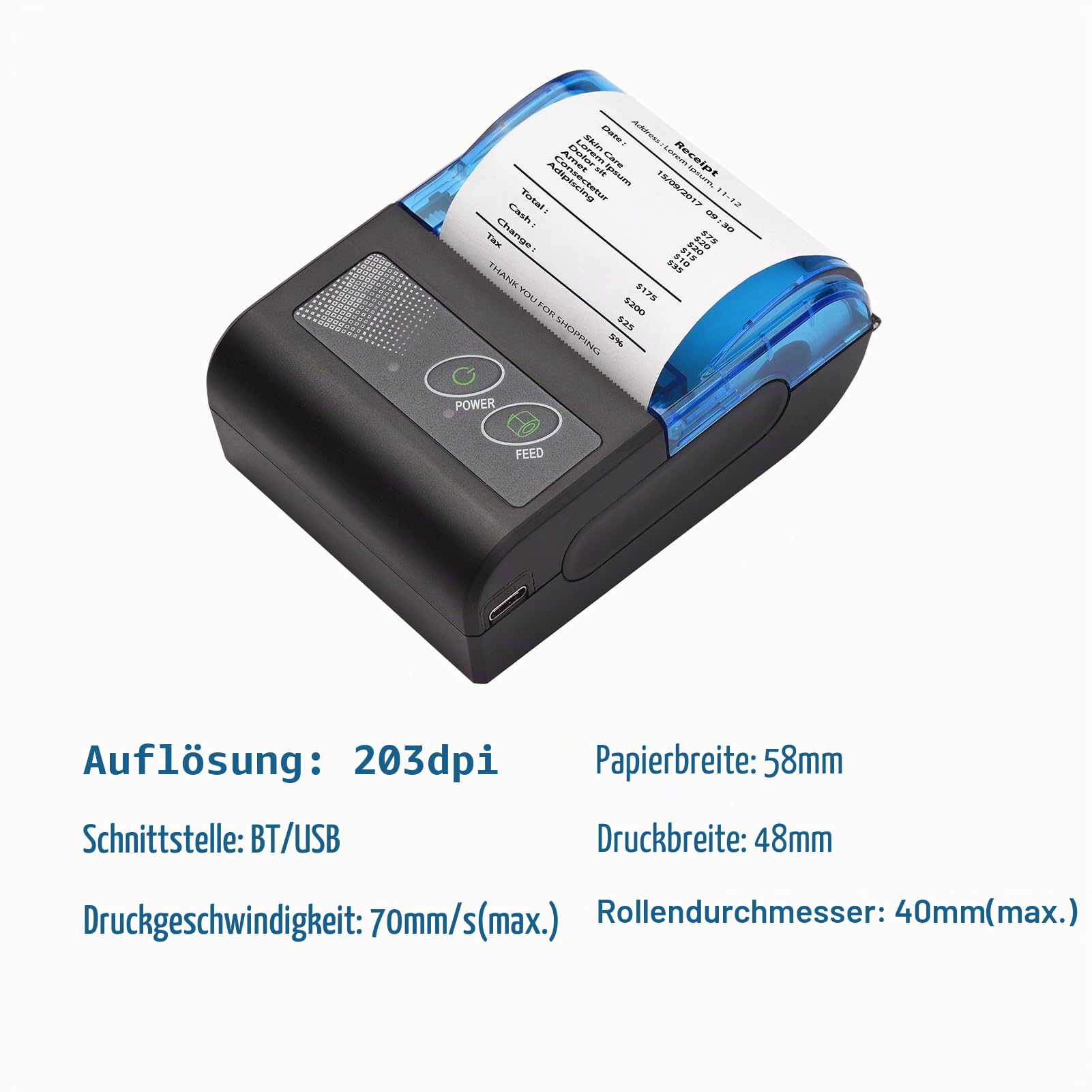 Thermodrucker, Mini-Thermobondrucker, Tragbarer USB Rechnungsdrucker Ticketdrucker mit 58-mm-Papierrolle, Kompatibel mit Android und, für Einzelhandel und Gastronomie