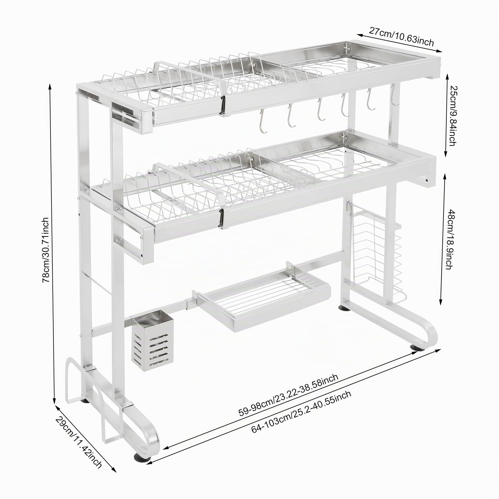 Escurreplatos de 29 x 78 cm, 2 niveles sobre el fregadero, escurridor de platos de acero inoxidable, organizador extensible sobre el fregadero de la cocina para guardar especias
