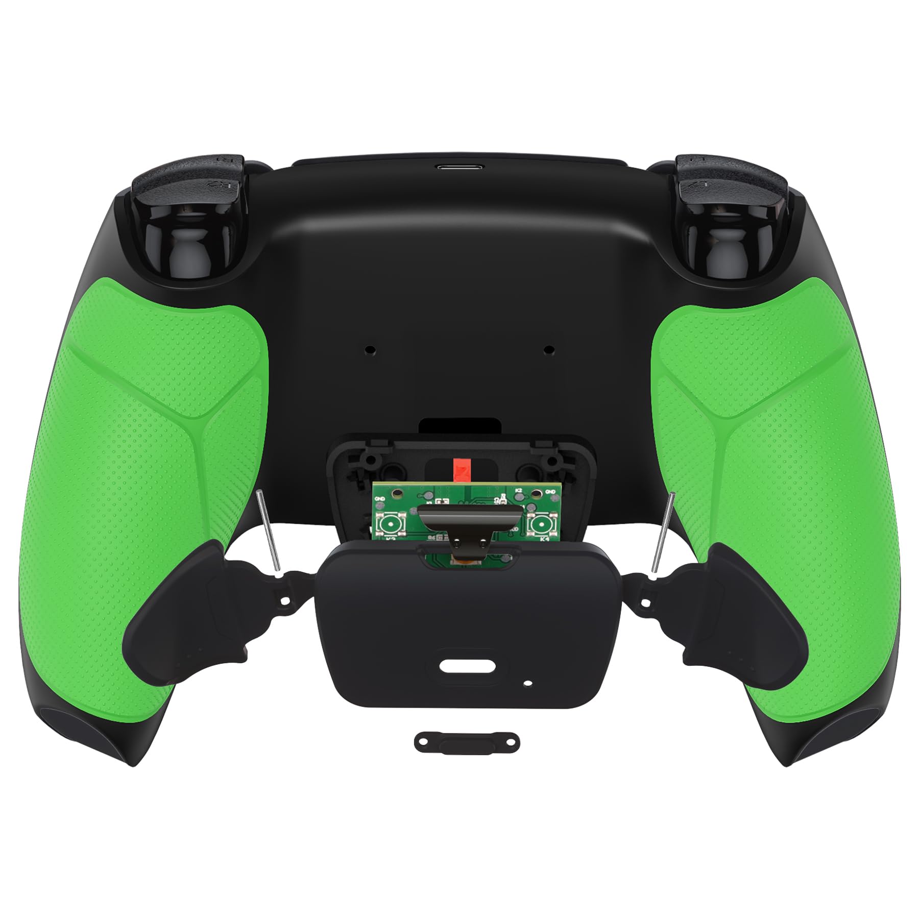 eXtremeRate Kit de reasignación de elevación programable de Agarre de Goma Verde para Controlador de PS5 BDM-030 040 050, Tablero de actualización y Carcasa Trasera Negra rediseñada y Botones