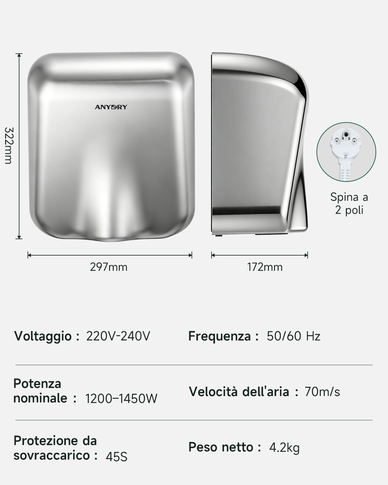 anydry IronStorm 2815 Asciugamani Commerciale con Filtro HEPA - Sensore touchless 1600W, Asciugatura Rapida 7-10s, Acciaio Inossidabile Spazzolato (Lucidato)