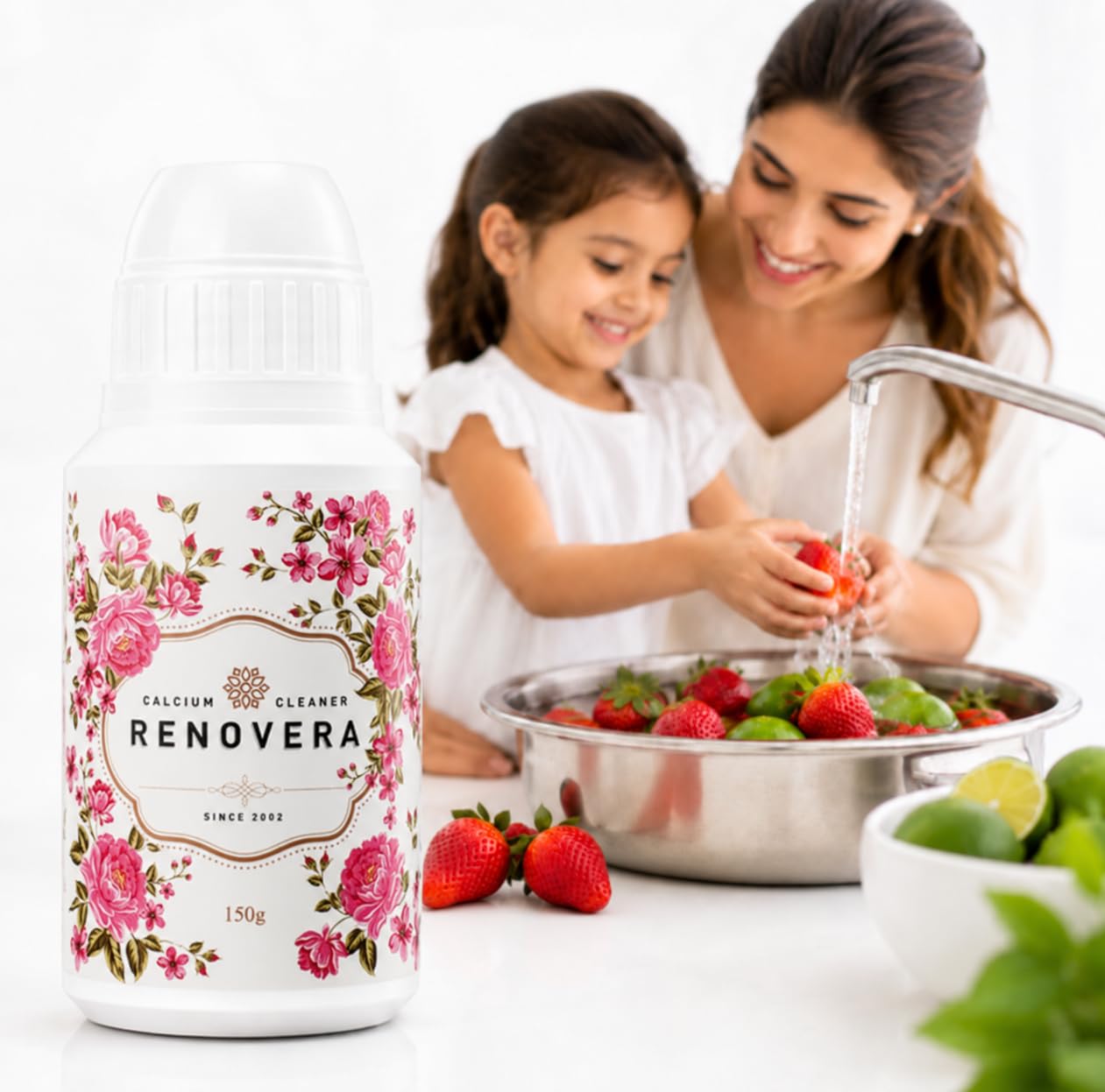 Renovera Lavado de frutas y verduras | 1 botella dura 1 año, lo suficientemente suave para alimentos para bebés, ingrediente único, elimina residuos, el calcio ayuda a mantener los productos frescos