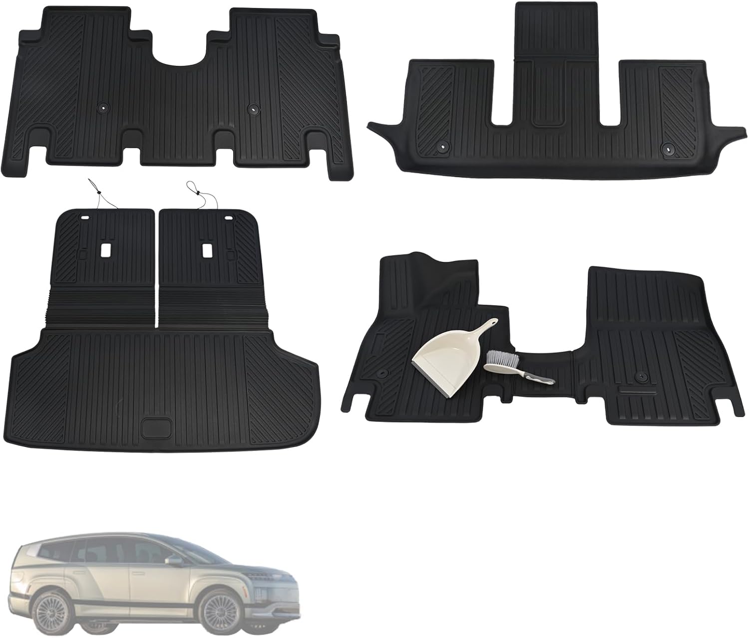 TPE Floor Mats Set for Hyundai Ioniq 9 6-Seats 2026, All-Weather Waterproof Cargo Liner with Seat Back Protector + Mini Broom & Dustpan Set, Odorless Anti-Slip Interior Accessories