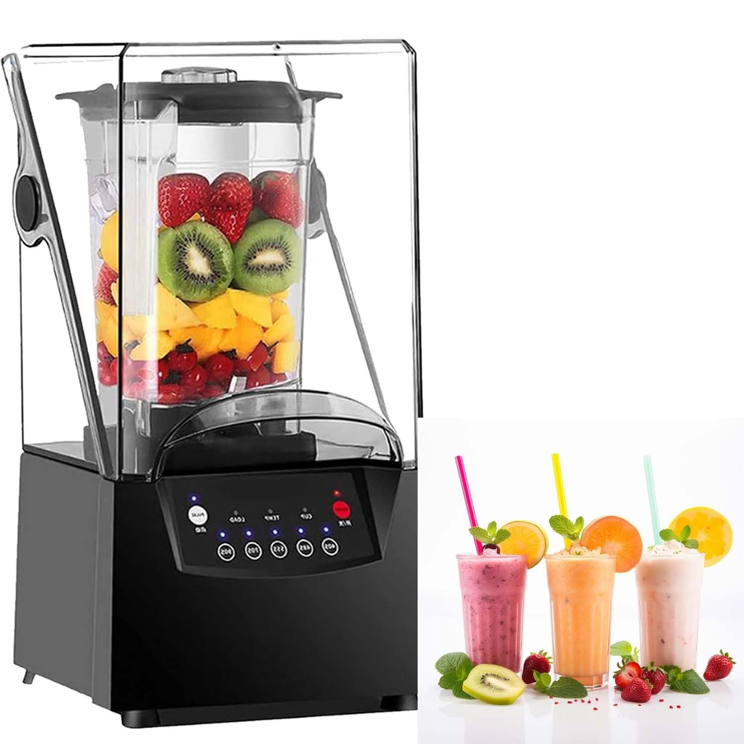 Profesjonalny blender cichy 2200W z osłoną akustyczną, 2L pojemnik PC, 6 ostrzy stalowe, smoothie maker, do koktajli, lodu, zup i użytku gastronomicznego