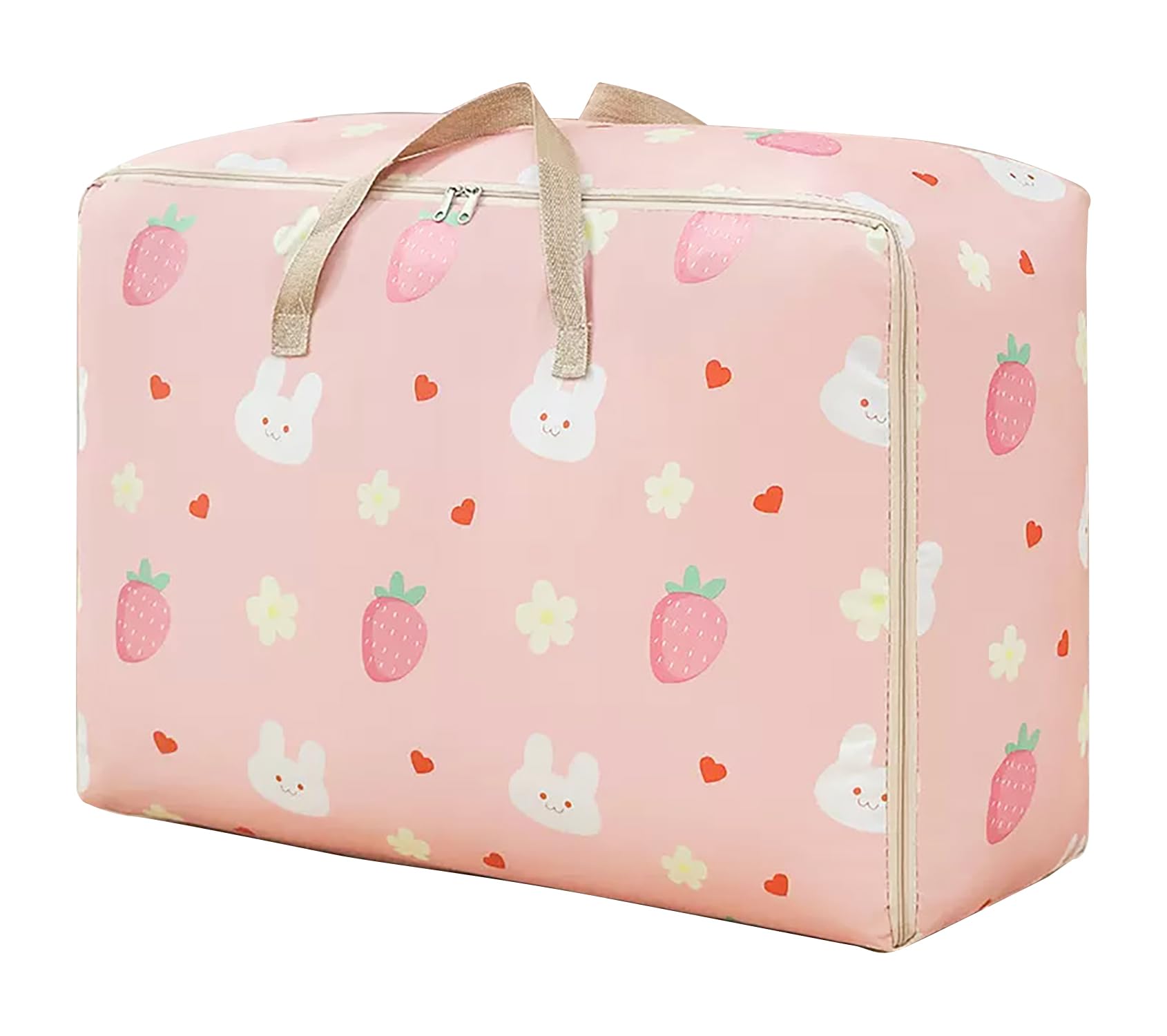 House of Quirk Fabric Extra Large Oversized Handy Storage Bag Laundry Bags Quilt Beddings Blanket 105 Litre - Pink Strawberry Rabbit, 30 cm, 50 cm-image-1