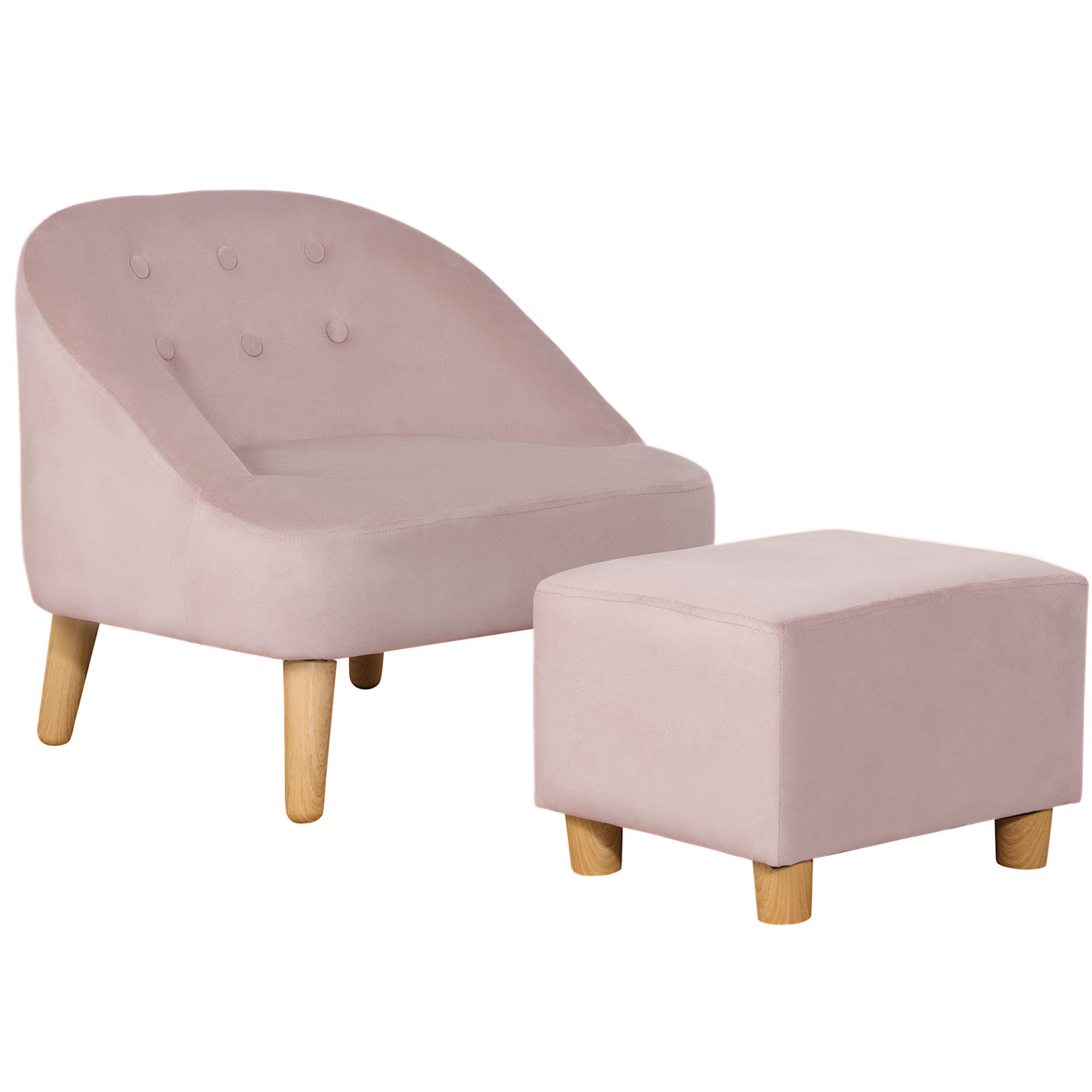 HOMCOM Krzesło dziecięce Sofa dziecięca z podnóżkiem Kanapa dziecięca od 3 lat Meble dziecięce Pokój dziecięcy Aksamitny wygląd Drewno eukaliptusowe Różowy 51 x 51 x 50 cm