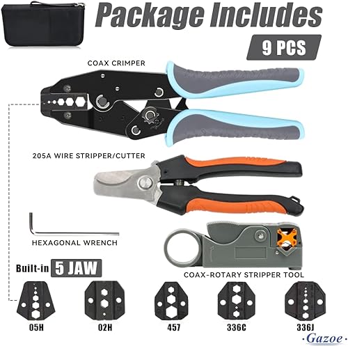 Miniatura 2 de Kit de herramientas de crimpado de trinquete coaxial para conector RF de cable coaxial RG con 5 mandíbulas intercambiables, pelacables coaxiales