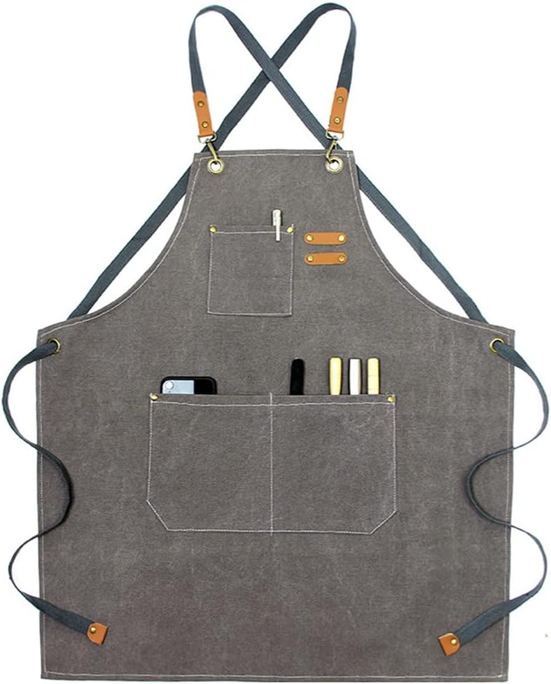Denim Work Apron Shop Tool Apron with Pockets, Chef Barber Shop Apron with Cross Back Strap (Color : Gray-1, Size : 29.1x26.7inch)