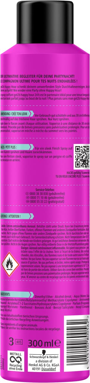 got2b Schwarzkopf Haarspray Happy Hour Halt 5 (6x 300 ml), 24 Stunden Haarspray für extremen Halt und langlebige Styles, schützt das Haar vor dem Austrocknen