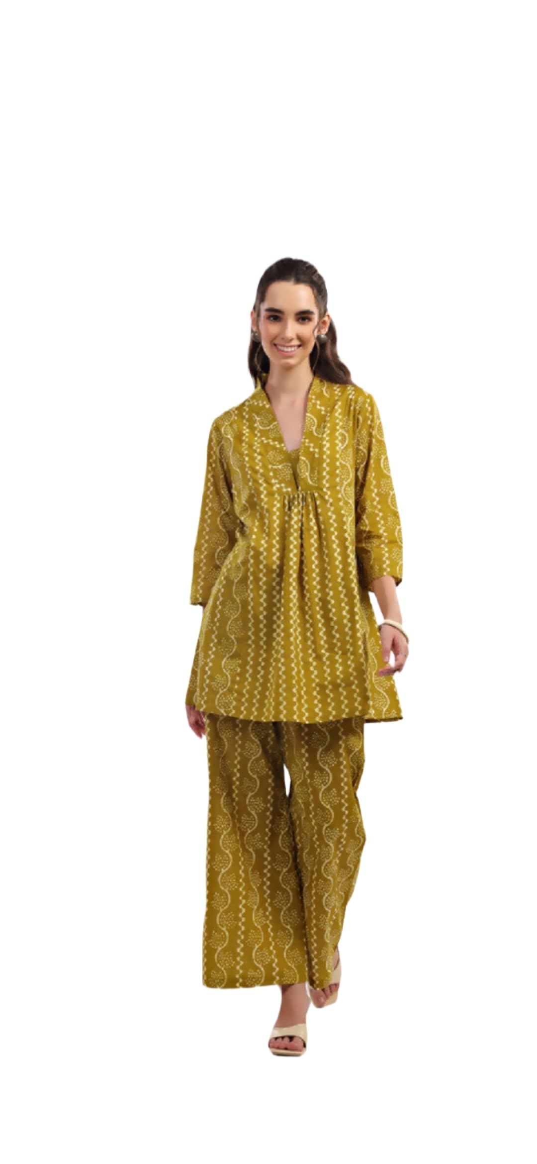 Pure Rayon Fabric Printed Cordset Golden Yellow – Soft & Comfortable Regular Office Wear, V-Neck Top & Pant with One Side Pocket-image-23