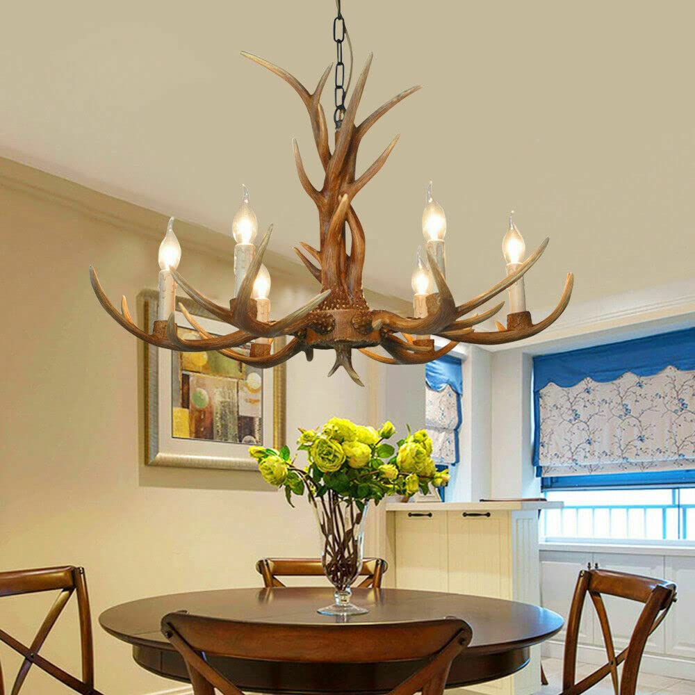 SHZICMY Antler Chandelier Chandeliers Ceiling Lights with 6 Spiral Lamp Holder of E14,Faux Antler Ceiling Light Vintage Style Chandelier,Rustic Hanging Lights for Dining Room, Living Room,Bar,Cafe