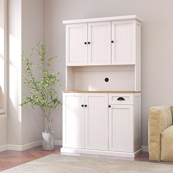 LICOME 71" Kitchen Pantry Cabinet with Microwave Countertop, Freestanding Hutch Storage Cabinet with Adjustable Shelves, 6 Doors and 1 Drawer White + MDF