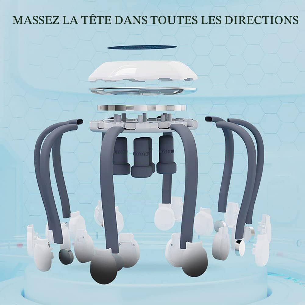 Masseur automatique du cuir chevelu Masseur de tête Octopus avec 14 contacts vibrants, 5 modes, Smart Timing, Masseur électrique de la tête pour soulager les maux de tête (gris)