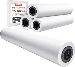 VEVOR Papel de formato amplo, papel plotter de 61 x 45 m, 4 rolos de papel CAD com núcleo de 5 cm, rolos de papel de 9 kg, ideia para desenhos CAD, planos de engenharia, mapas GIS e projetos